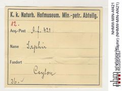 Etiketten zu Korund (Saphir) (NHMW-MIN-Af421)